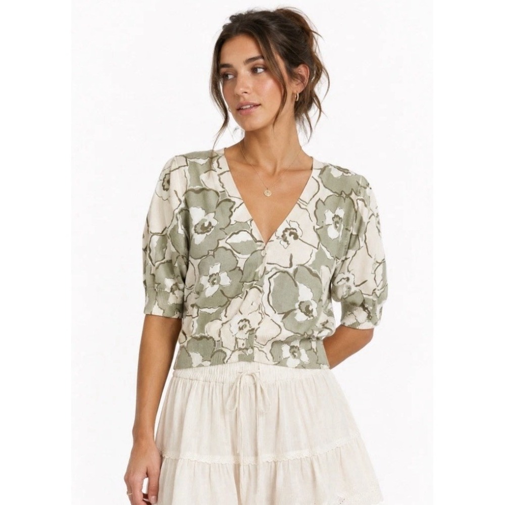 Liz & Co Green Floral Cropped Button Cardigan XL  V Neck Cottagecore Romantic